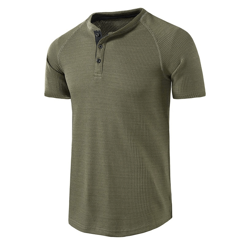 Olive green short sleeve breathable t-shirt for men, featuring a slim fit design with buttoned neckline, perfect for sports fashion.
